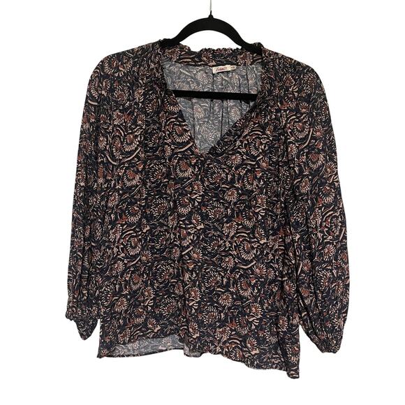 Faherty Portia Artisan Block Print 3/4 Sleeve Blouse Top Navy Tan Size M - Picture 2 of 8